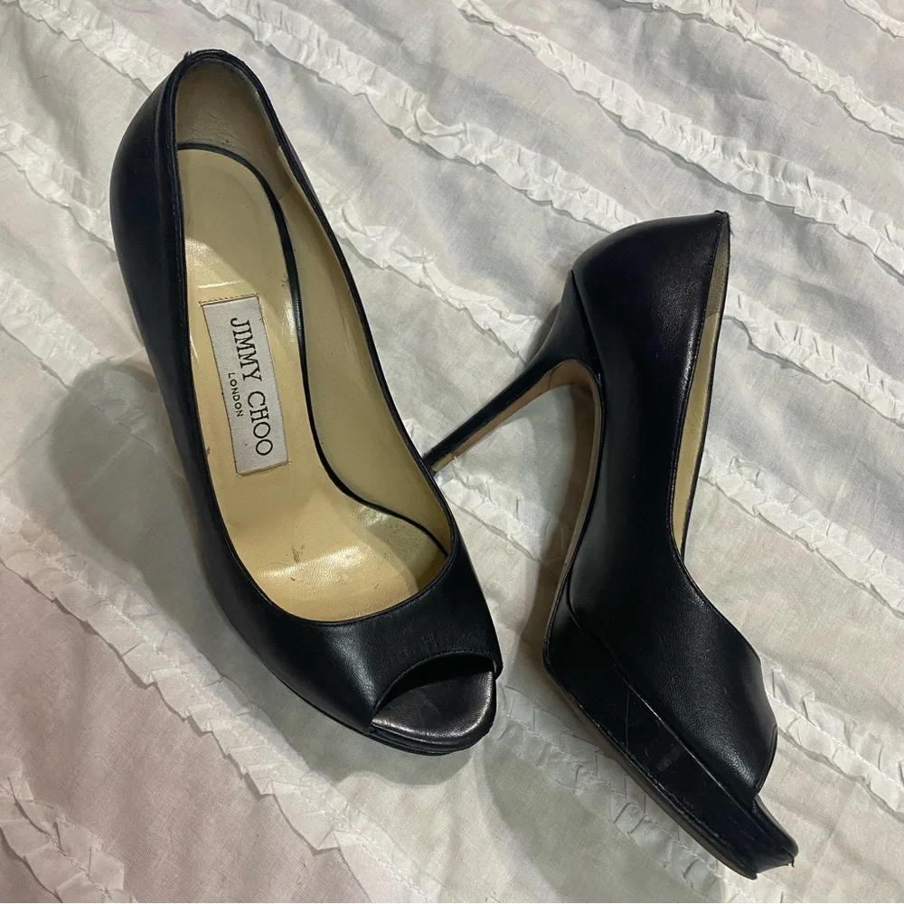 Jimmy Choo - Pump, Black Leather, Platform, Peep Toe, High Heel Women’s Size 35